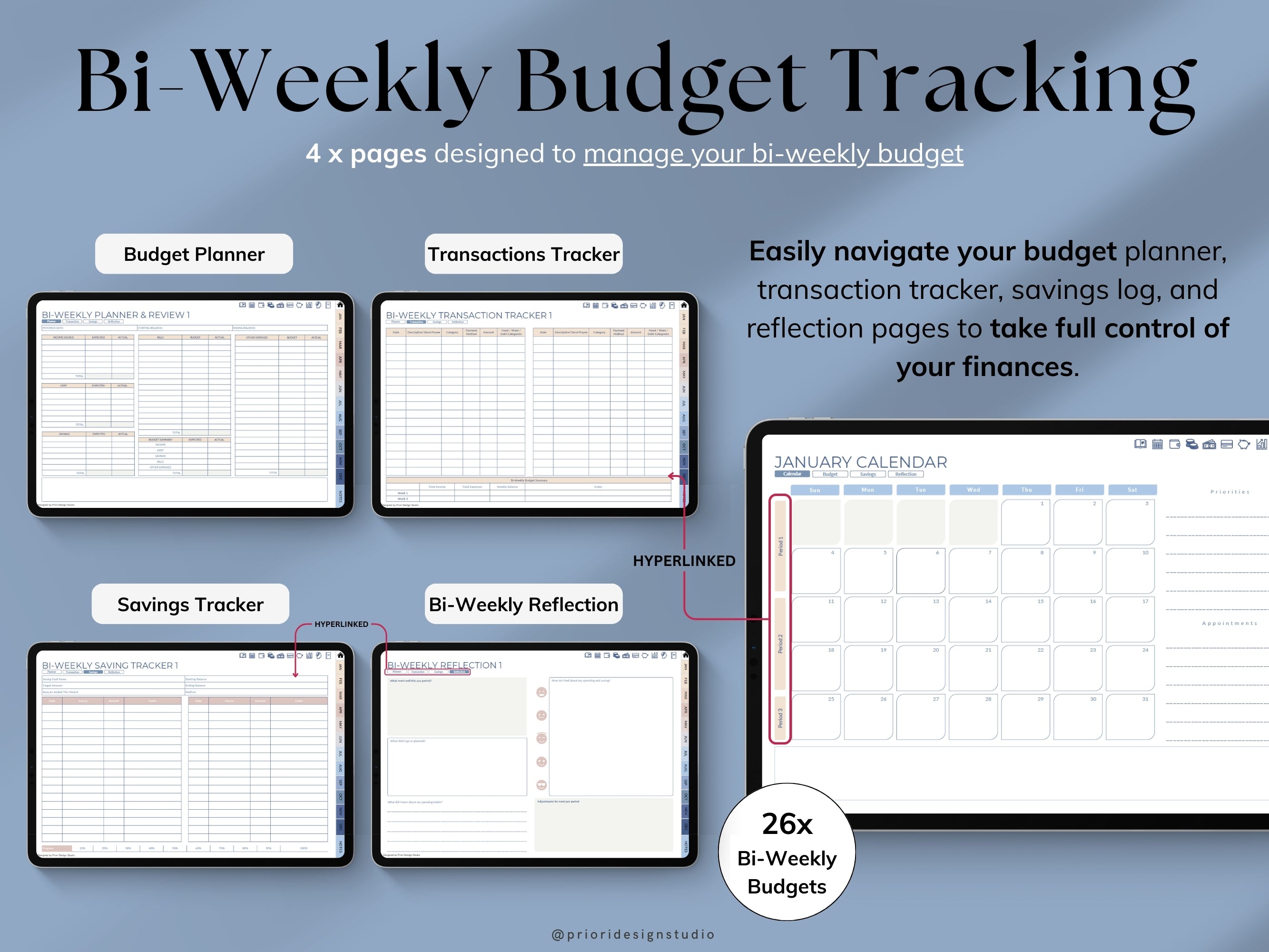Bi-Weekly Budget Tracking planner with various sections on a blue background