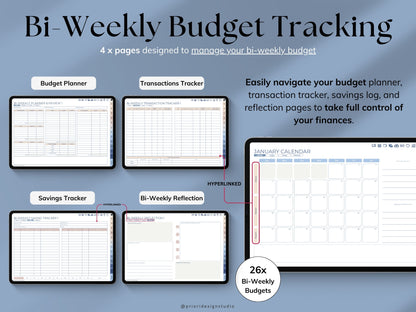 Bi-Weekly Budget Tracking planner with various sections on a blue background