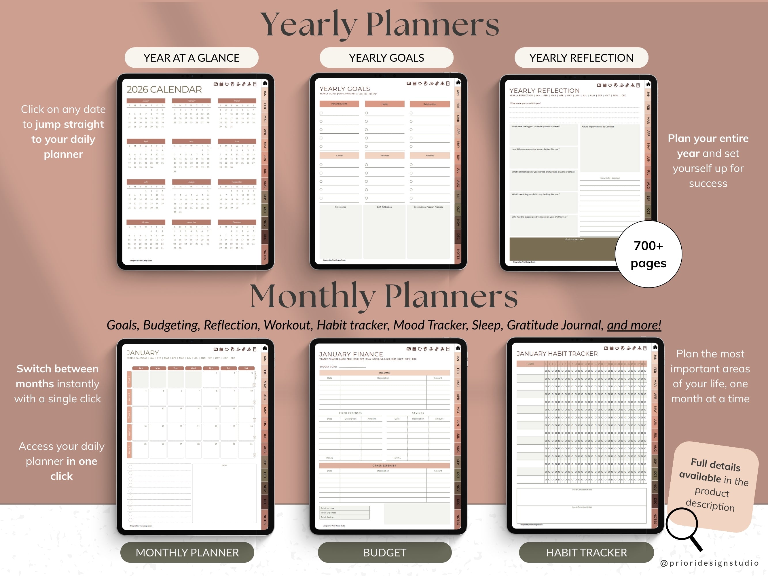 Yearly and monthly planners with various sections displayed in Sepia Rose variant.