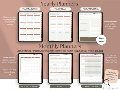 Yearly and monthly planners with various sections displayed in Sepia Rose variant.