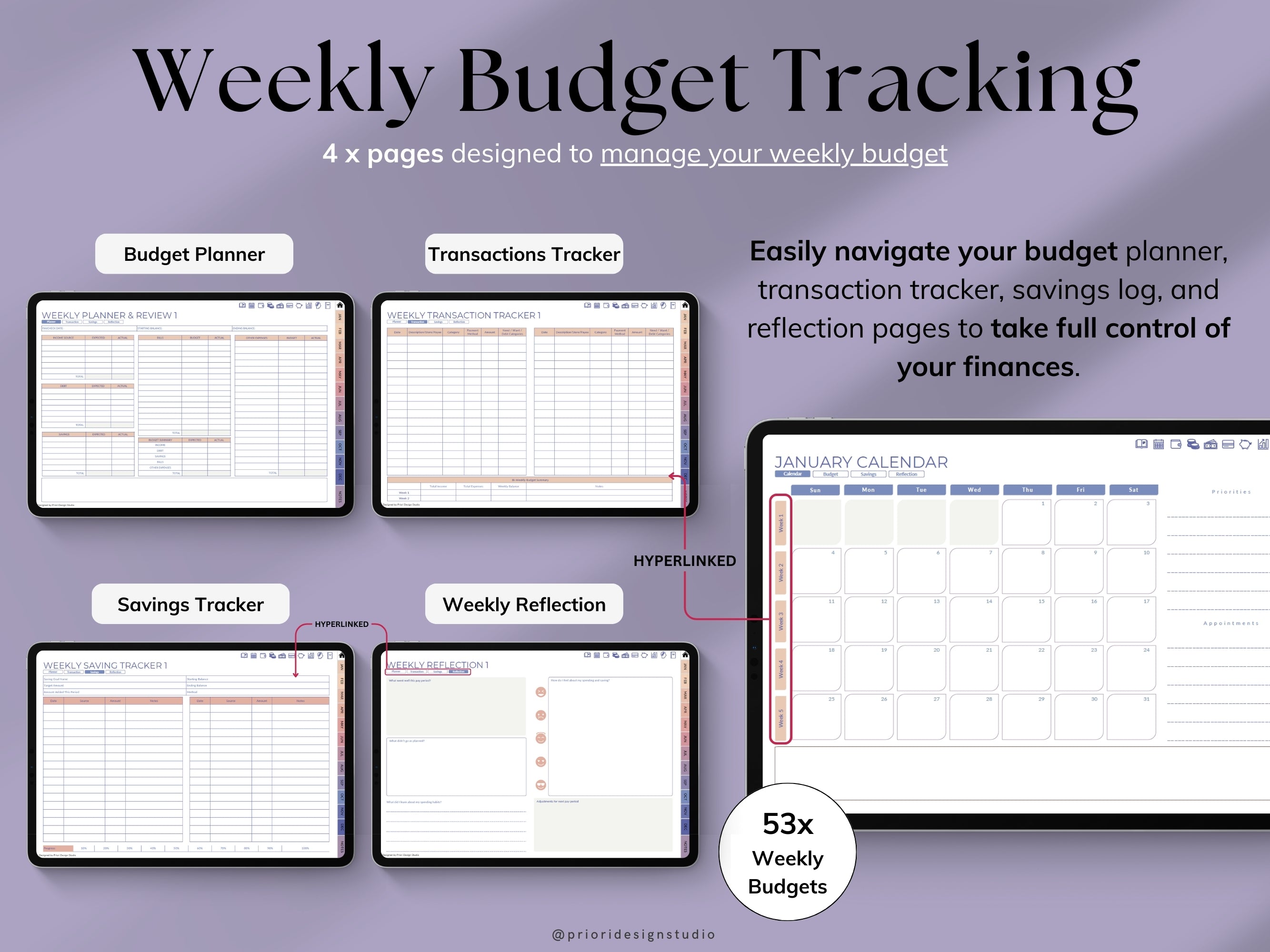 Weekly Budget Planner app on a tablet with a stylus, on a light gray background.