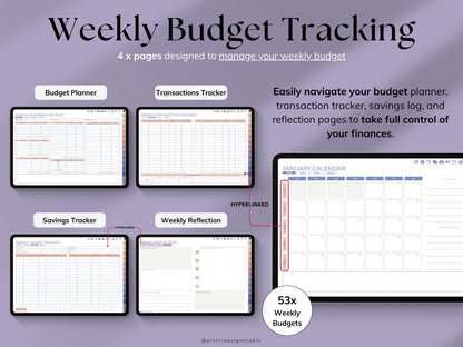 Weekly Budget Planner app on a tablet with a stylus, on a light gray background.