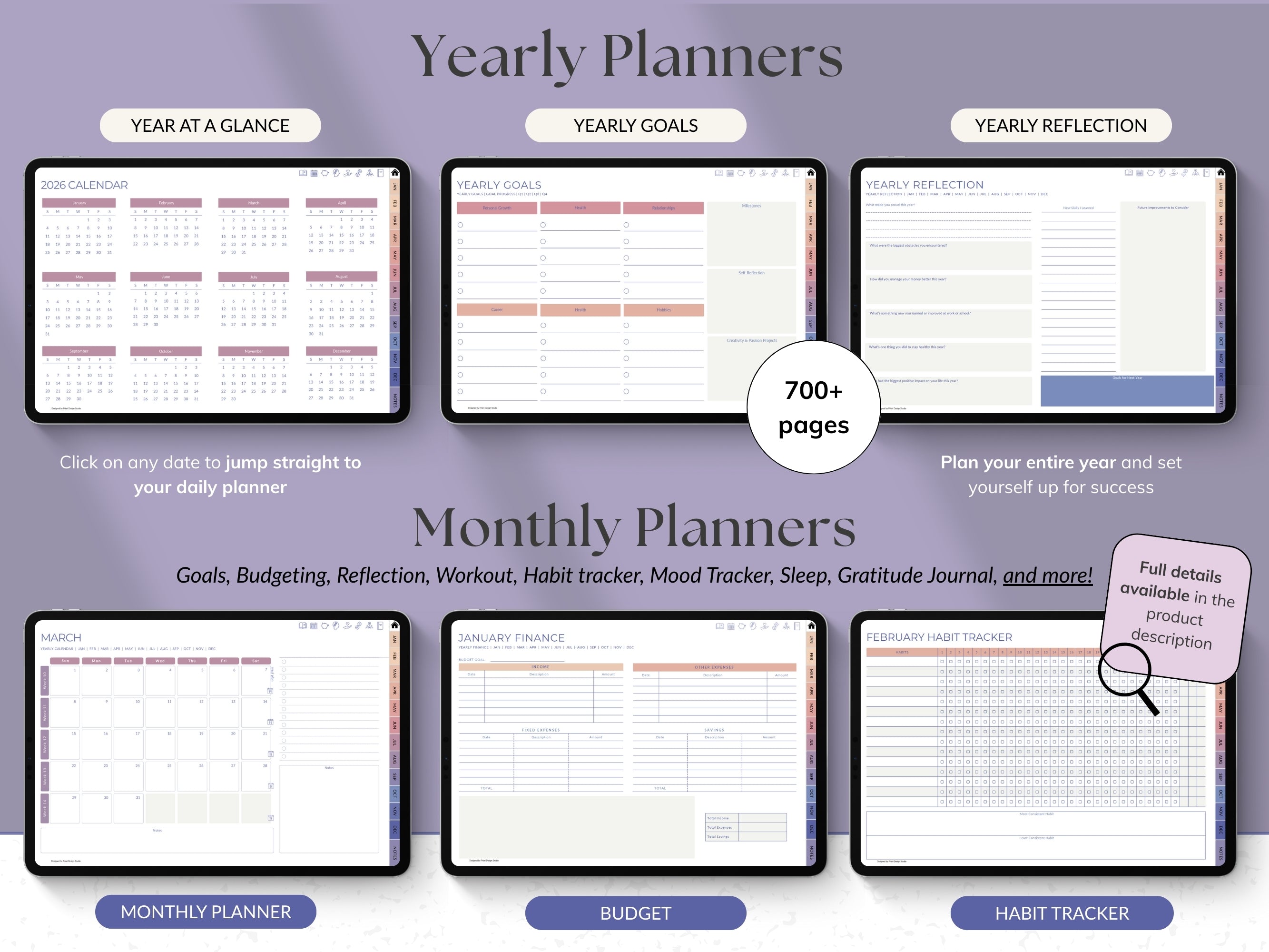 Yearly and monthly planners with various sections on a purple background
