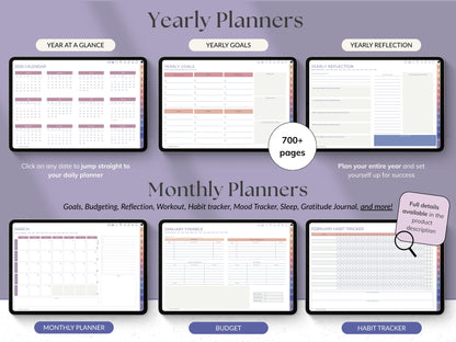Yearly and monthly planners with various sections on a purple background
