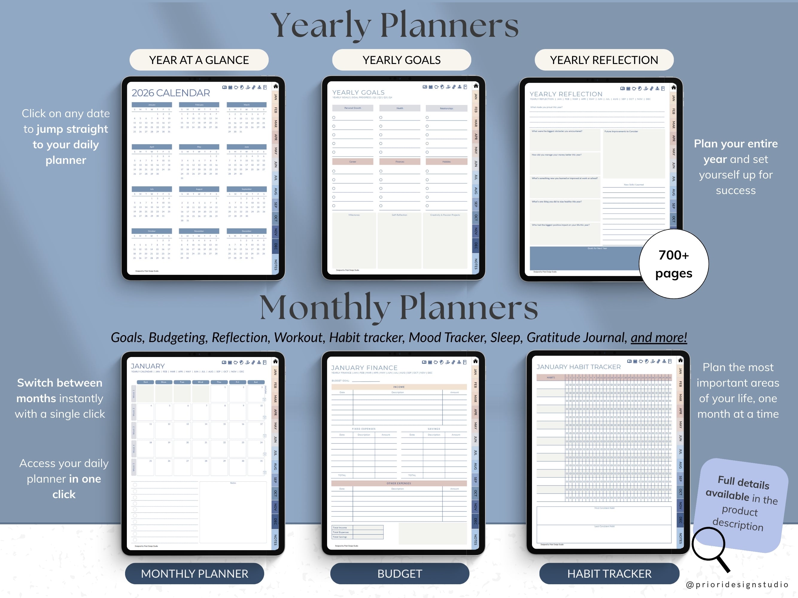 Yearly and monthly planners with various sections for Morning Shore theme.