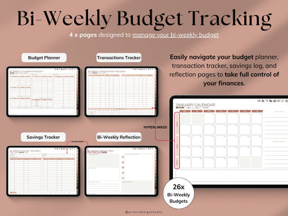 Bi-Weekly Budget Tracking planner with various sections on a brown background