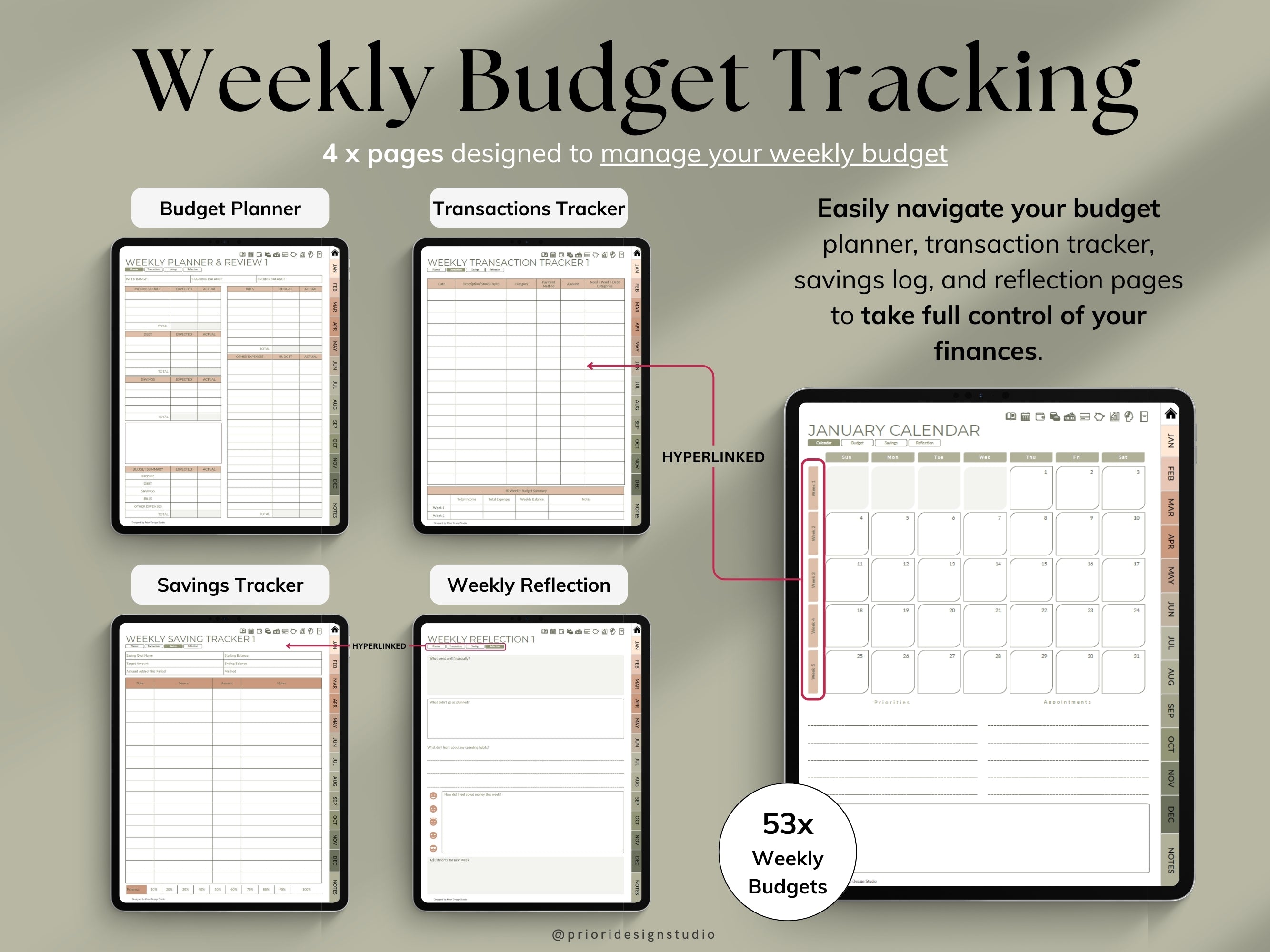 Weekly budget tracking planner with various sections on a gray background