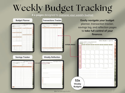 Weekly budget tracking planner with various sections on a gray background