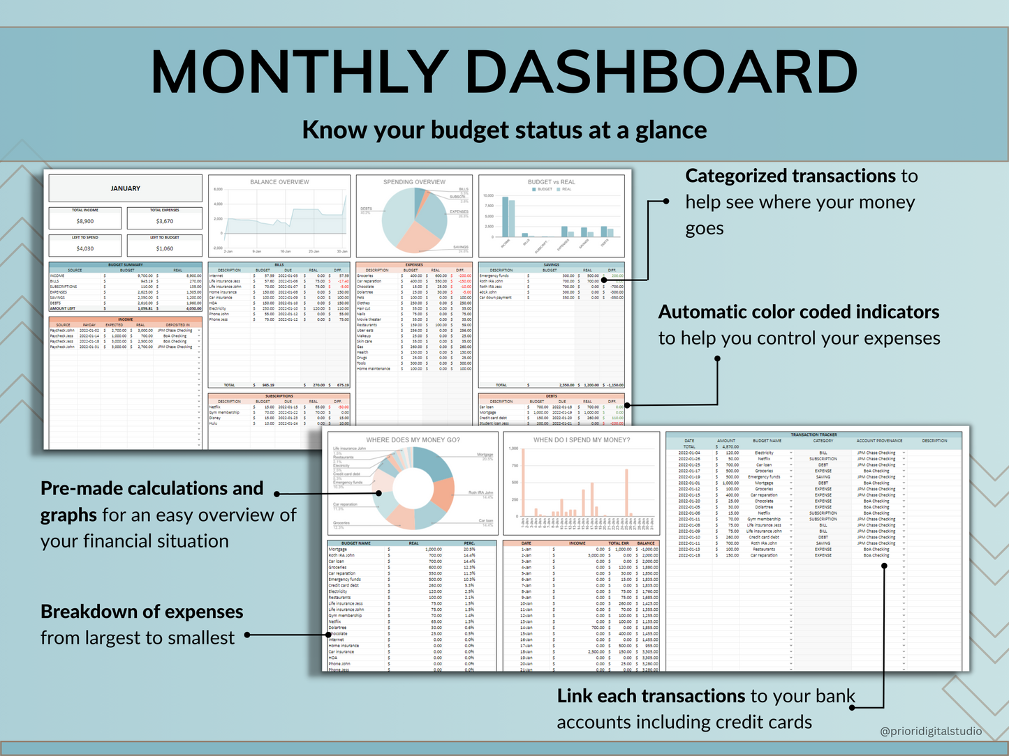 Family Annual Budget Spreadsheet Monthly Budget Biweekly Tracker Excel Google Sheets Couple Financial Planner Bill Calendar Debt Tracker Blue