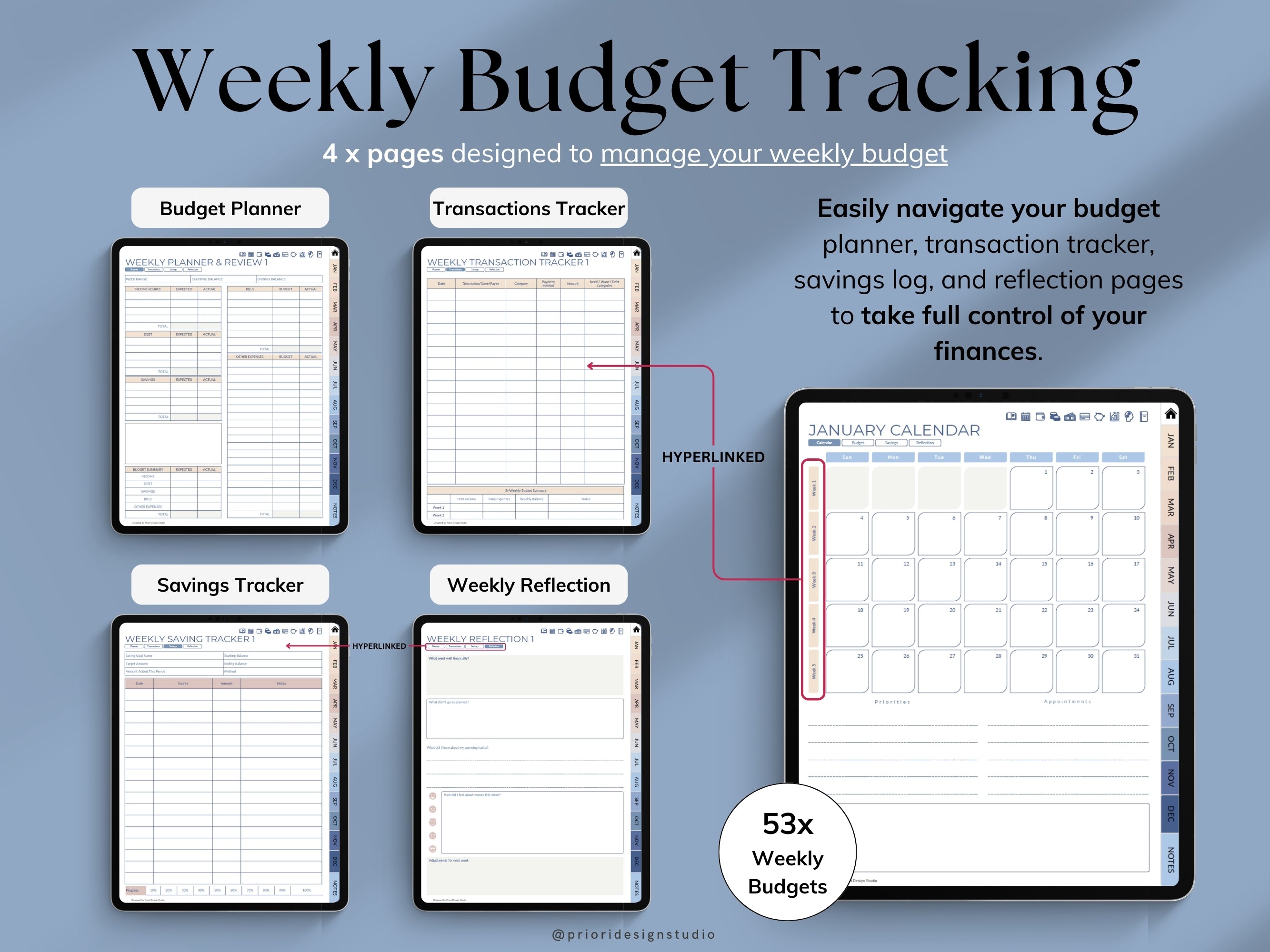 Weekly budget tracking planner with various sections on a blue background