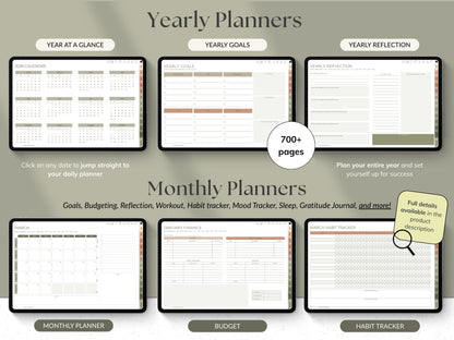 Promotional graphic for yearly and monthly planners with various sections and features.