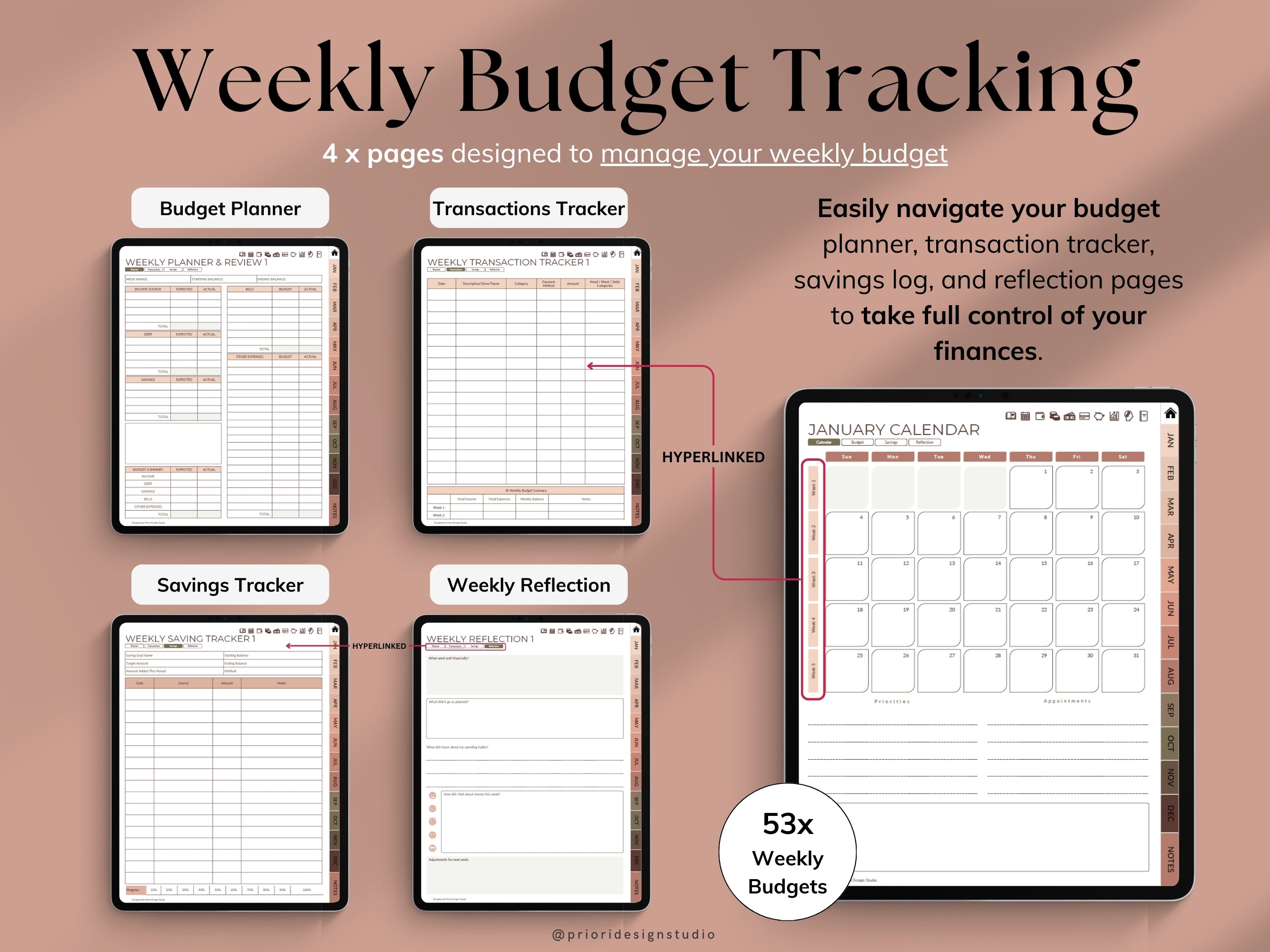 Weekly budget tracking planner with various sections on a brown background