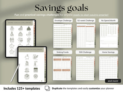 Savings goal planning tools with various challenges and templates on a gray background.