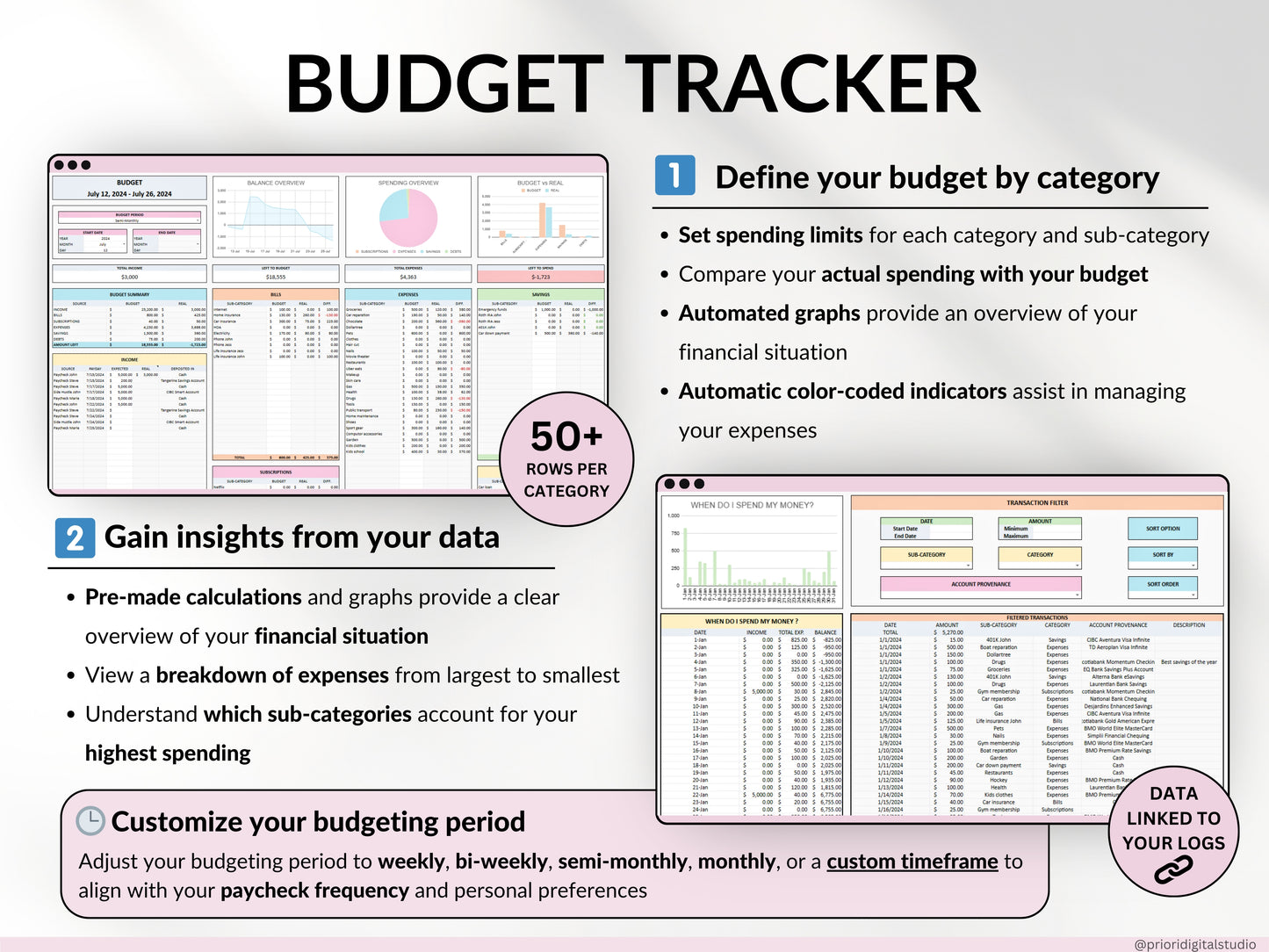 Paycheck Budget Spreadsheet Weekly Budget Monthly Budget Biweekly Bill Tracker Debt Tracker Financial Planner Google Sheets Excel Template