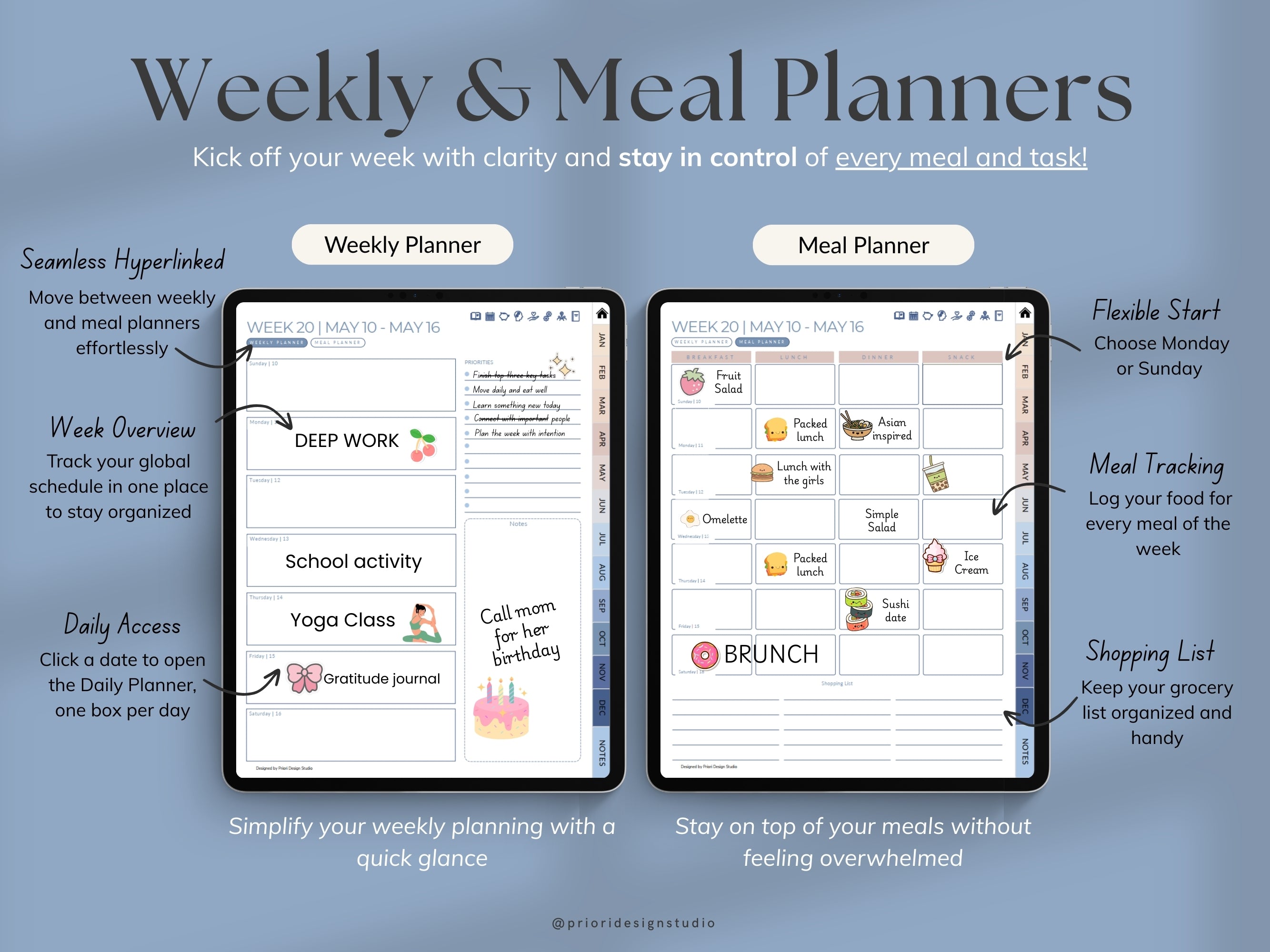 Weekly and meal planners displayed on a tablet screen and features descriptions for Morning Shore the;e.