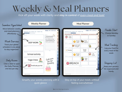 Weekly and meal planners displayed on a tablet screen and features descriptions for Morning Shore the;e.