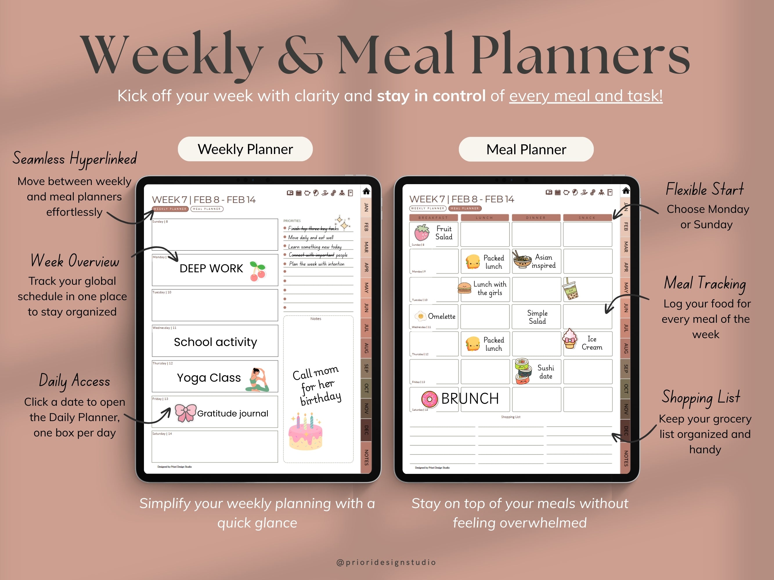 Weekly and meal planners on a tablet screen with text highlighting features.