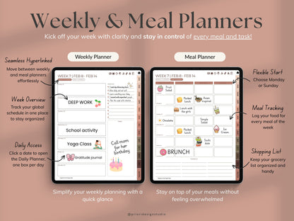 Weekly and meal planners on a tablet screen with text highlighting features.