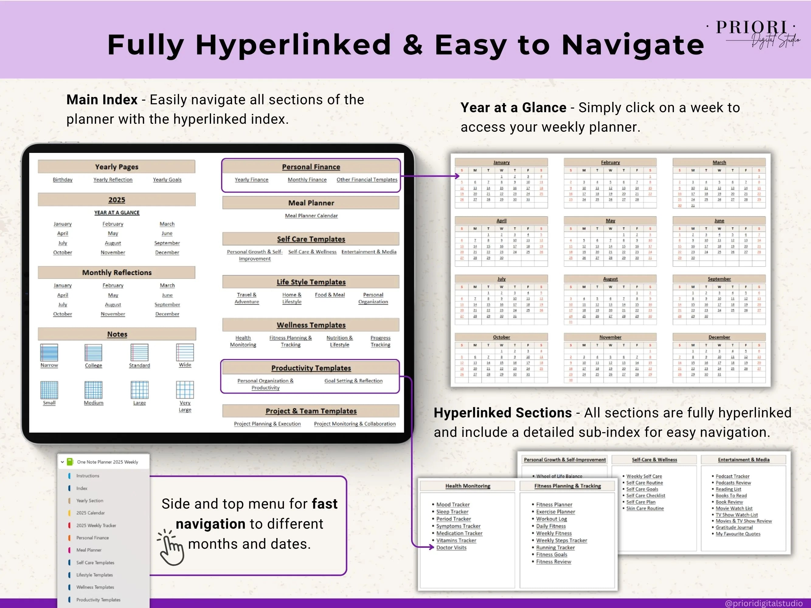 OneNote Template for 2025 Weekly Digital Planner Monthly OneNote Planner Hyperlinked Planner Organization Planner Professional Dated Planner