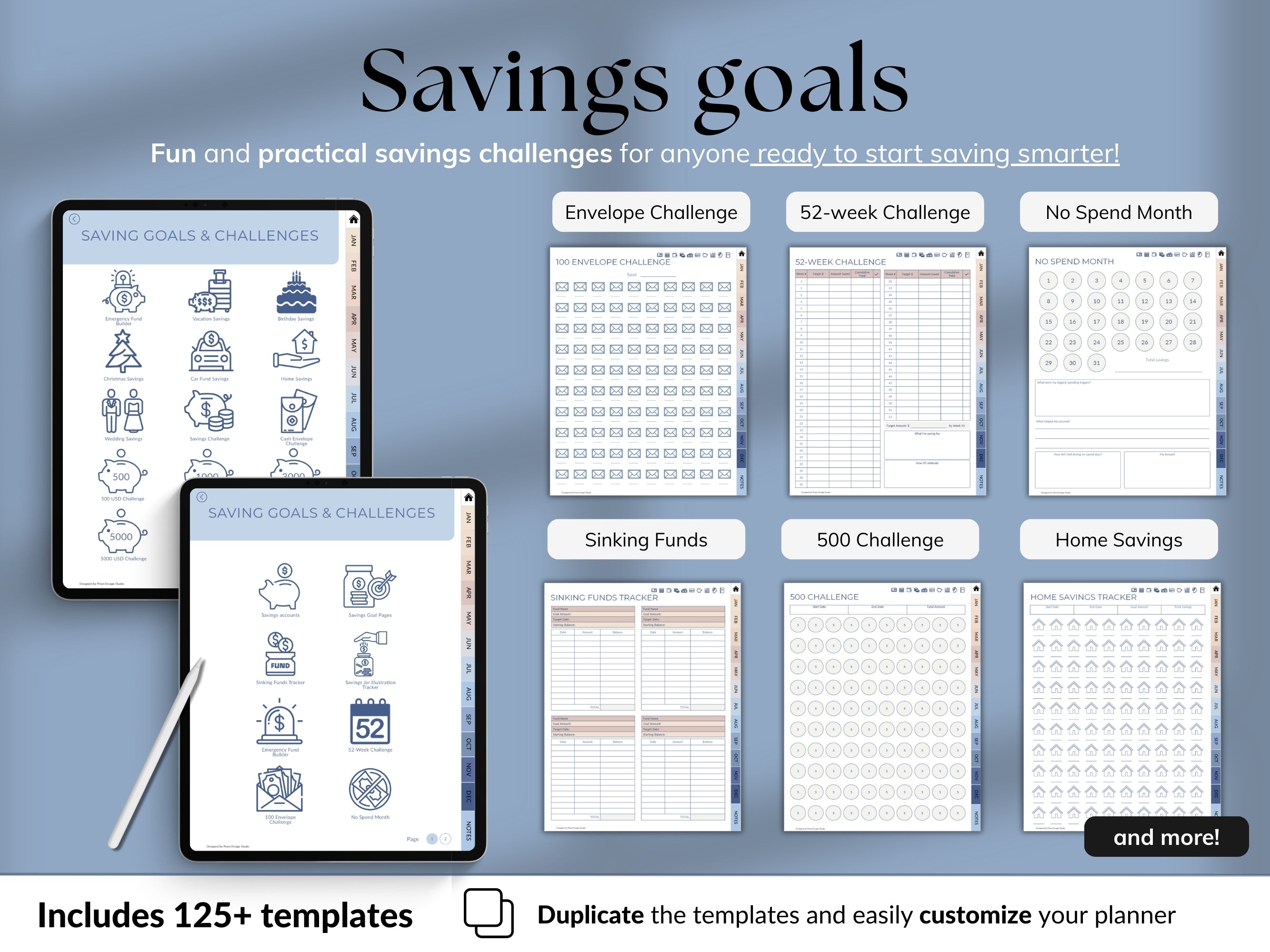Savings goal planner with digital tablet displaying templates on a blue background