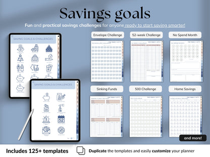 Savings goal planner with digital tablet displaying templates on a blue background