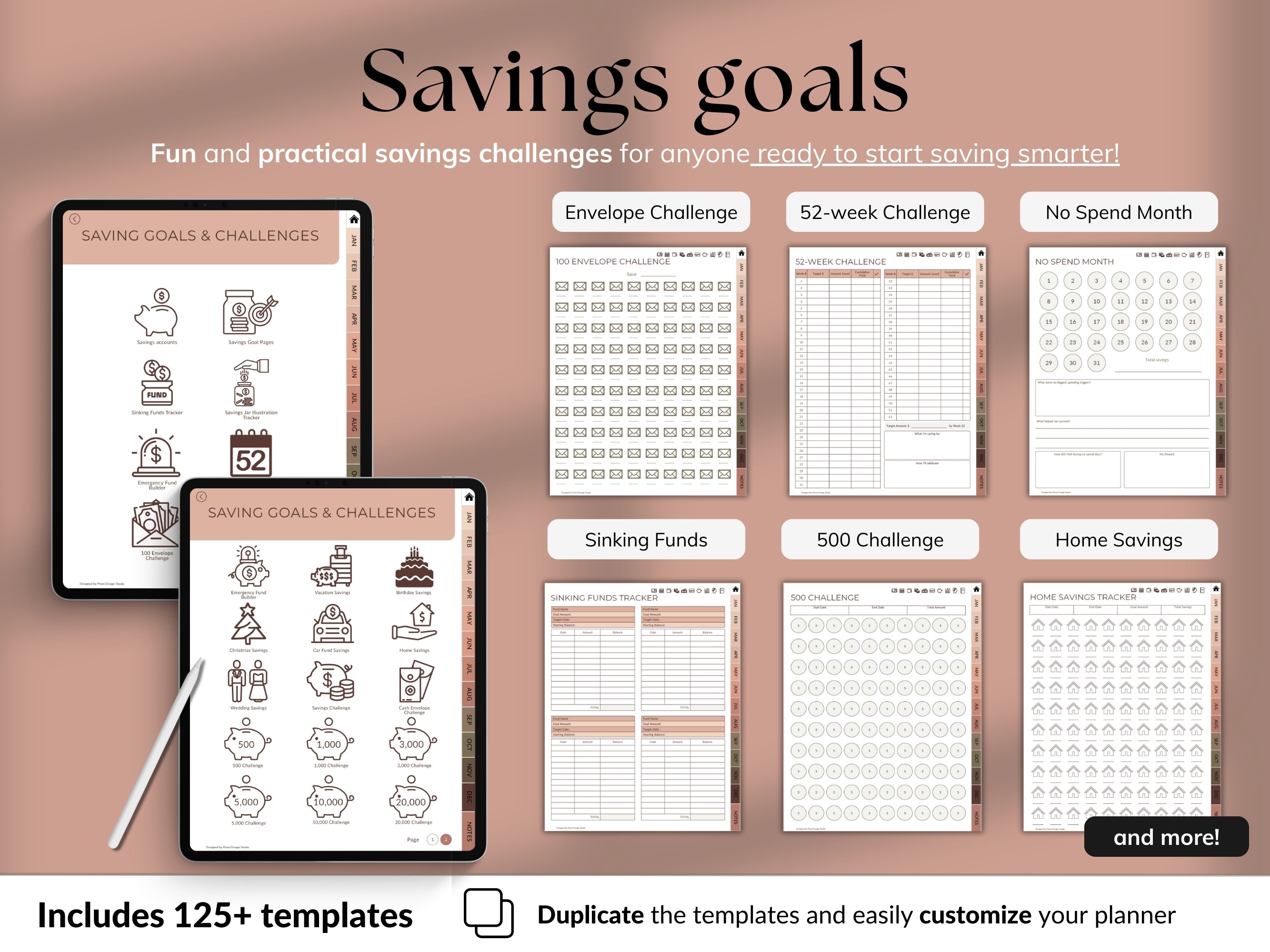Savings goals planner with various templates on a pink background