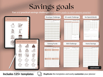 Savings goals planner with various templates on a pink background