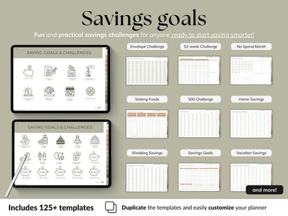 Savings goals planner with digital tablet and printed templates on a beige background