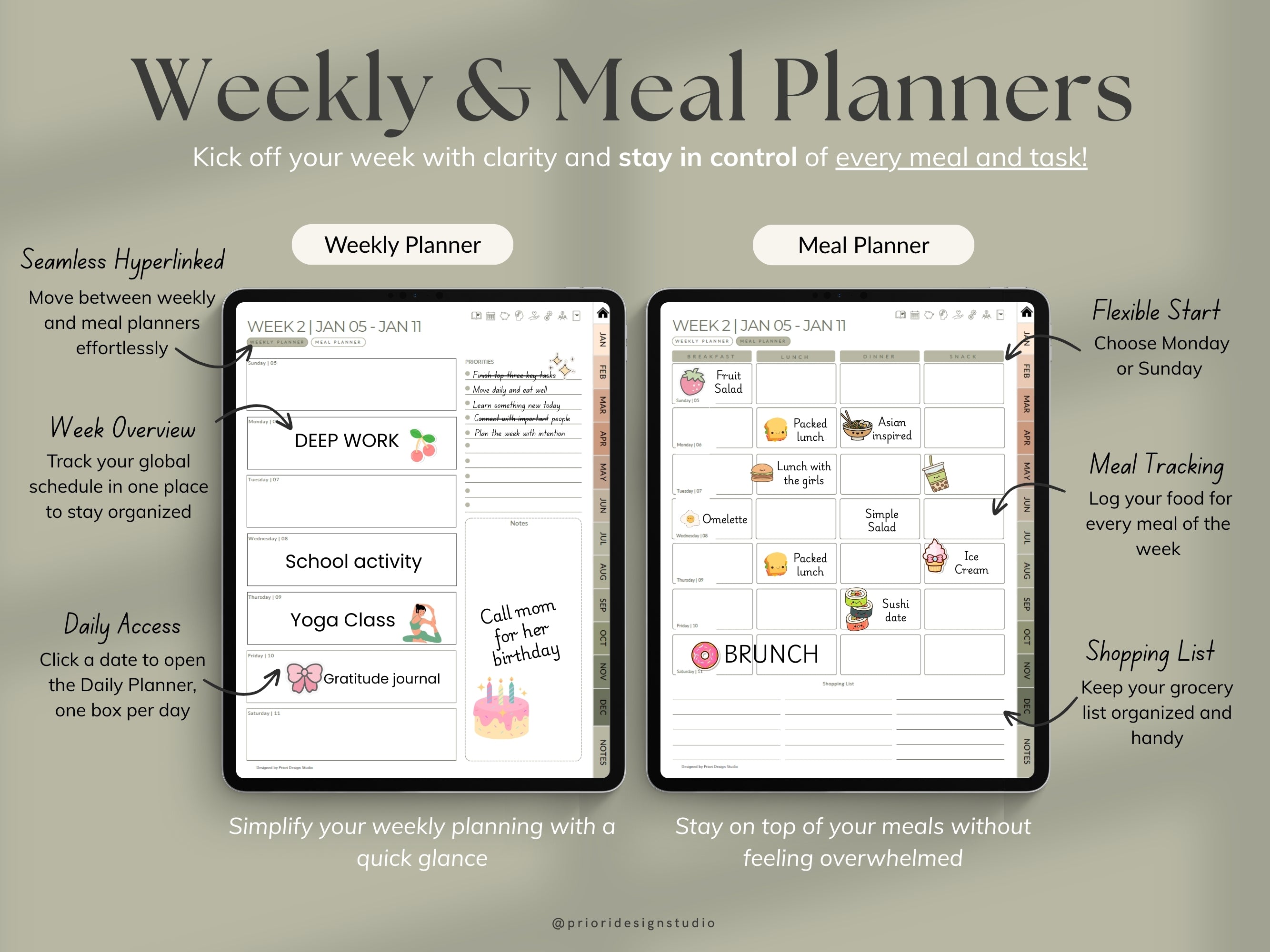 Weekly and meal planners displayed on a tablet screen with text describing features.