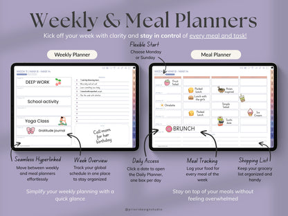 Weekly and meal planners on a computer screen with text about their features.