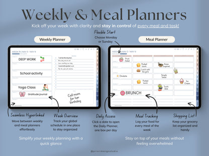 Weekly and meal planners on a computer screen with text about meal planning.