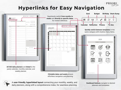 reMarkable Planner Daily Planner 2025 2026 Daily Journal reMarkable 2 Template Digital Planner Minimalist Hyperlinked Planner for reMarkable