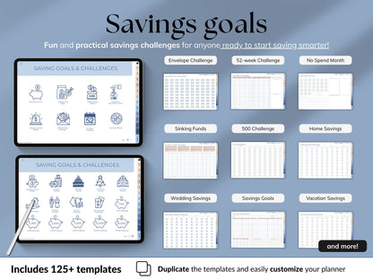 Savings goals planner with various templates on a blue background