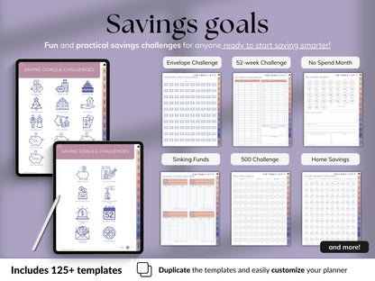 Savings goal planner with various templates on a purple background