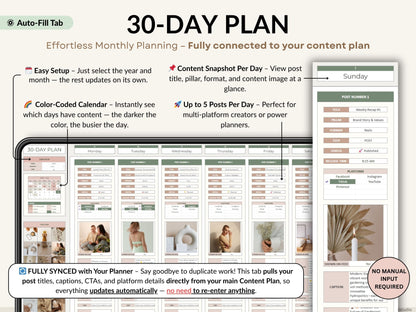 30-Day Plan tool for content planning with calendar and post details.