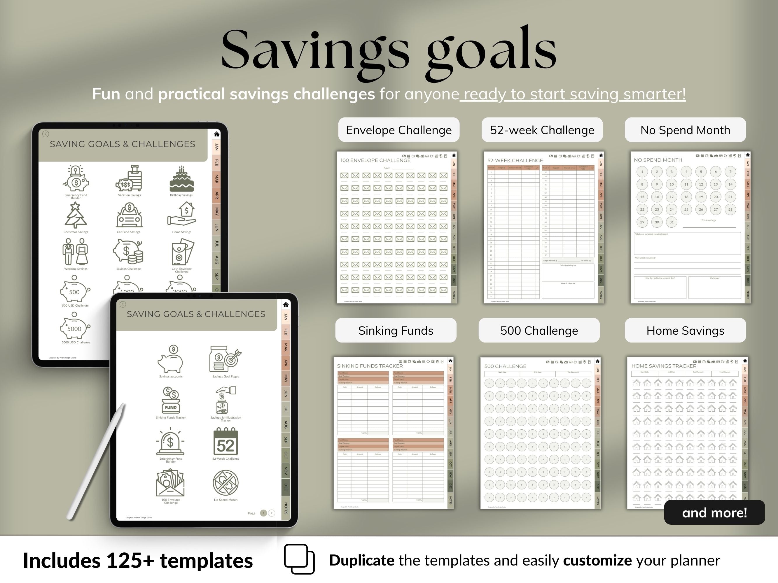 Savings goals planner with various templates on a gray background