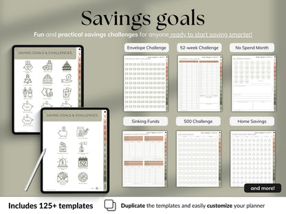 Savings goals planner with various templates on a gray background