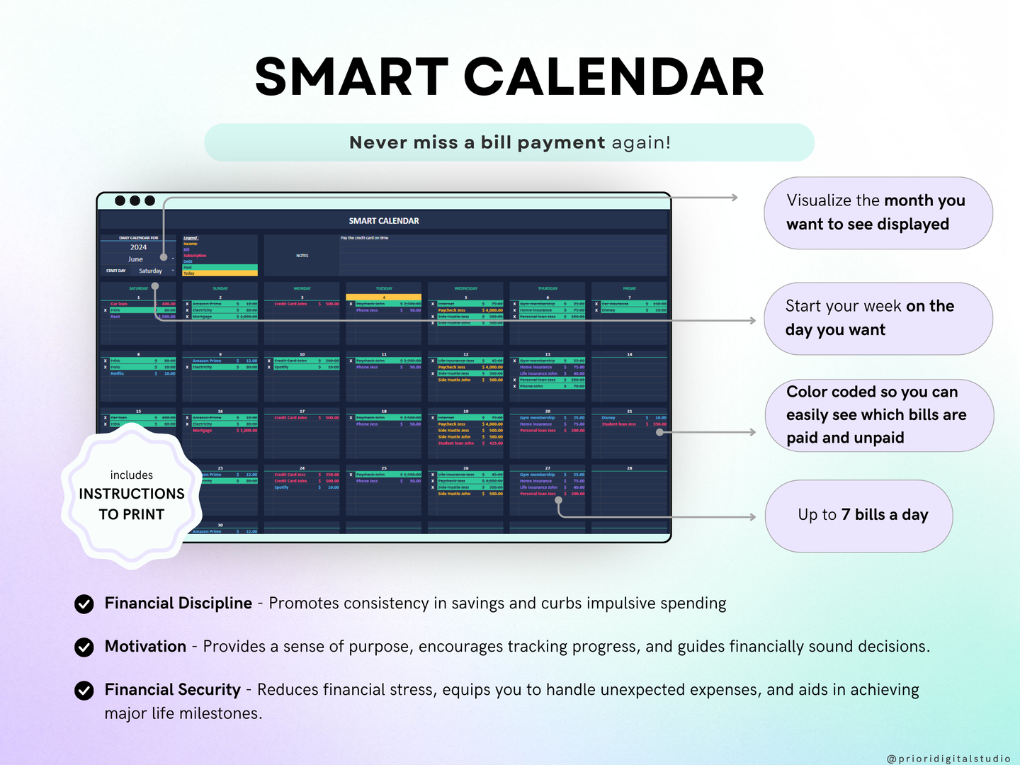 Bill Tracker Spreadsheet Dark Mode Google Sheets Excel Bill Calendar Monthly Smart Bill Planner Editable Calendar Personal Finance Budget