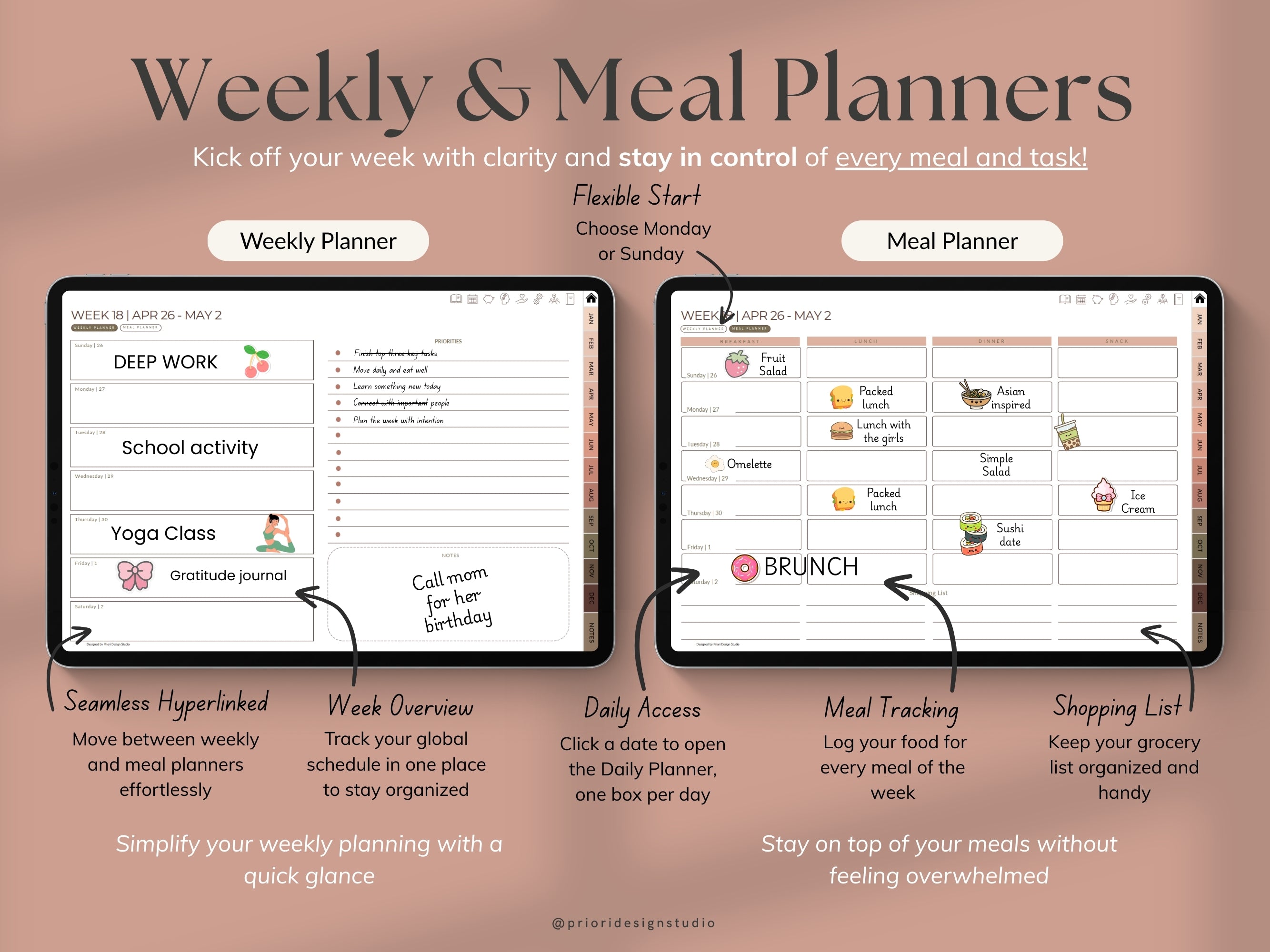 Weekly and meal planners on a computer screen with text highlighting features.