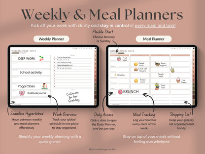 Weekly and meal planners on a computer screen with text highlighting features.