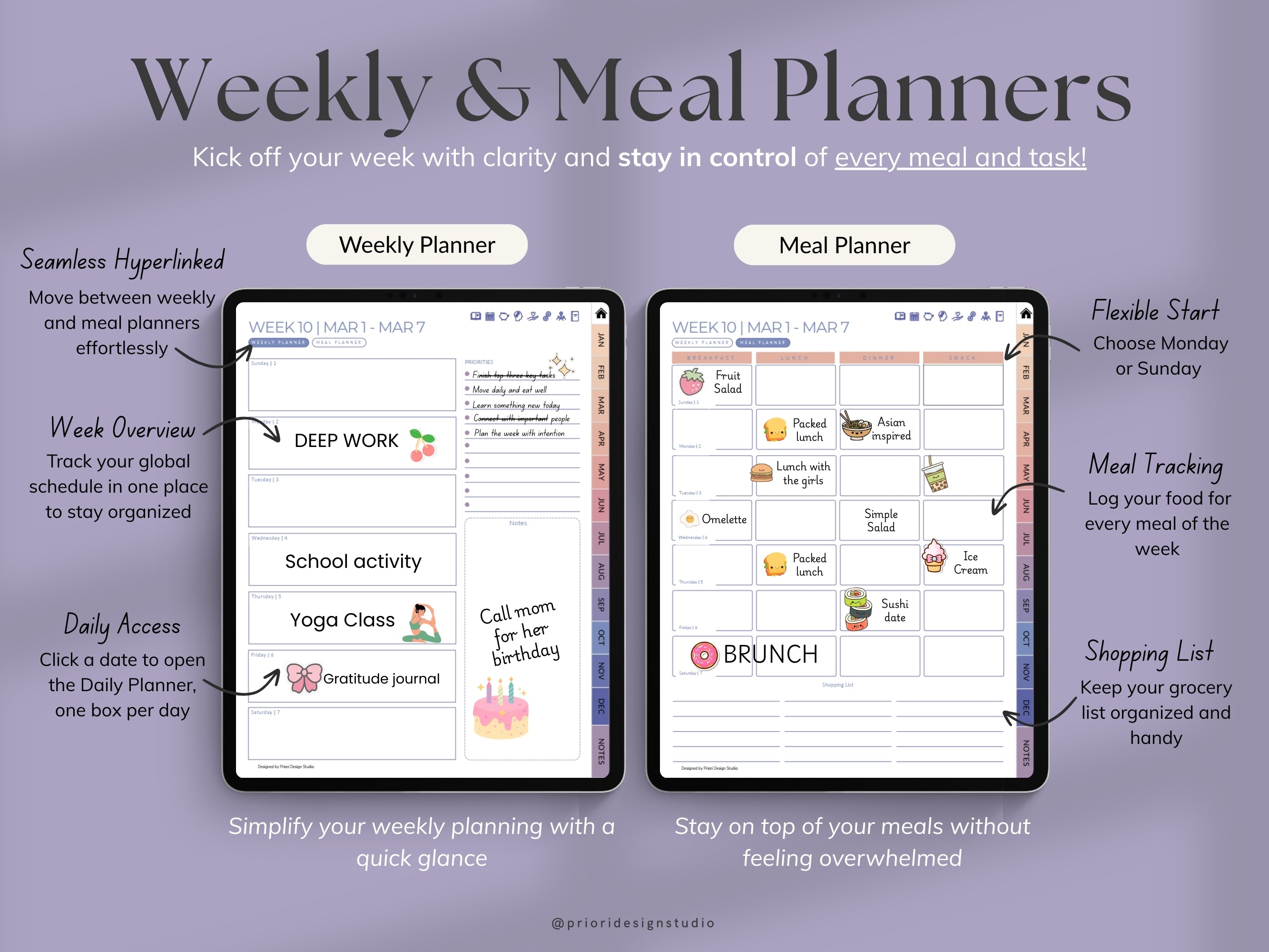 Weekly and meal planners on a tablet screen with text describing features.