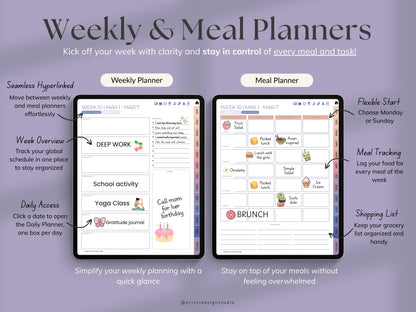 Weekly and meal planners on a tablet screen with text describing features.