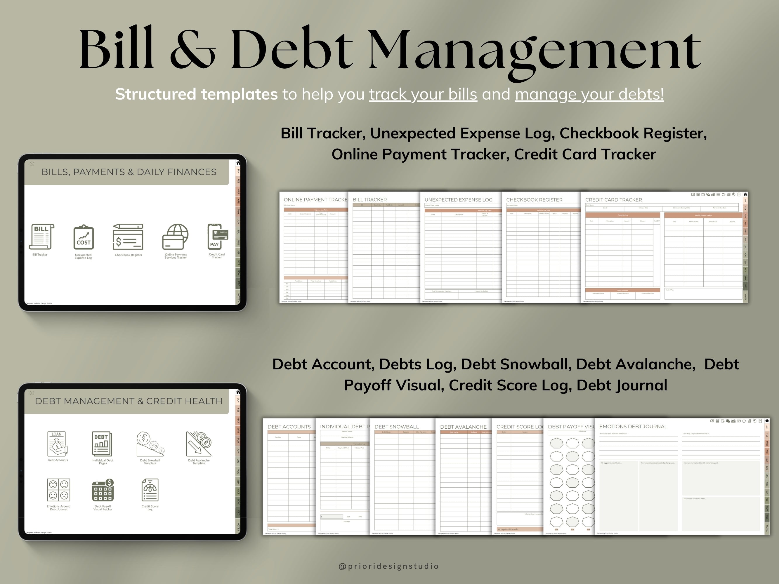 Collection of bill and debt management templates on a gray background