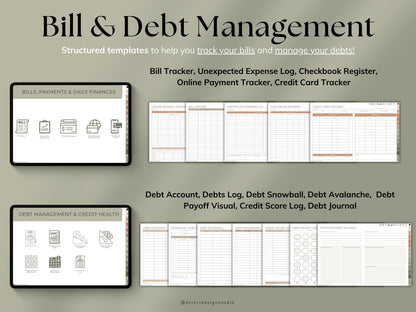 Collection of bill and debt management templates on a gray background