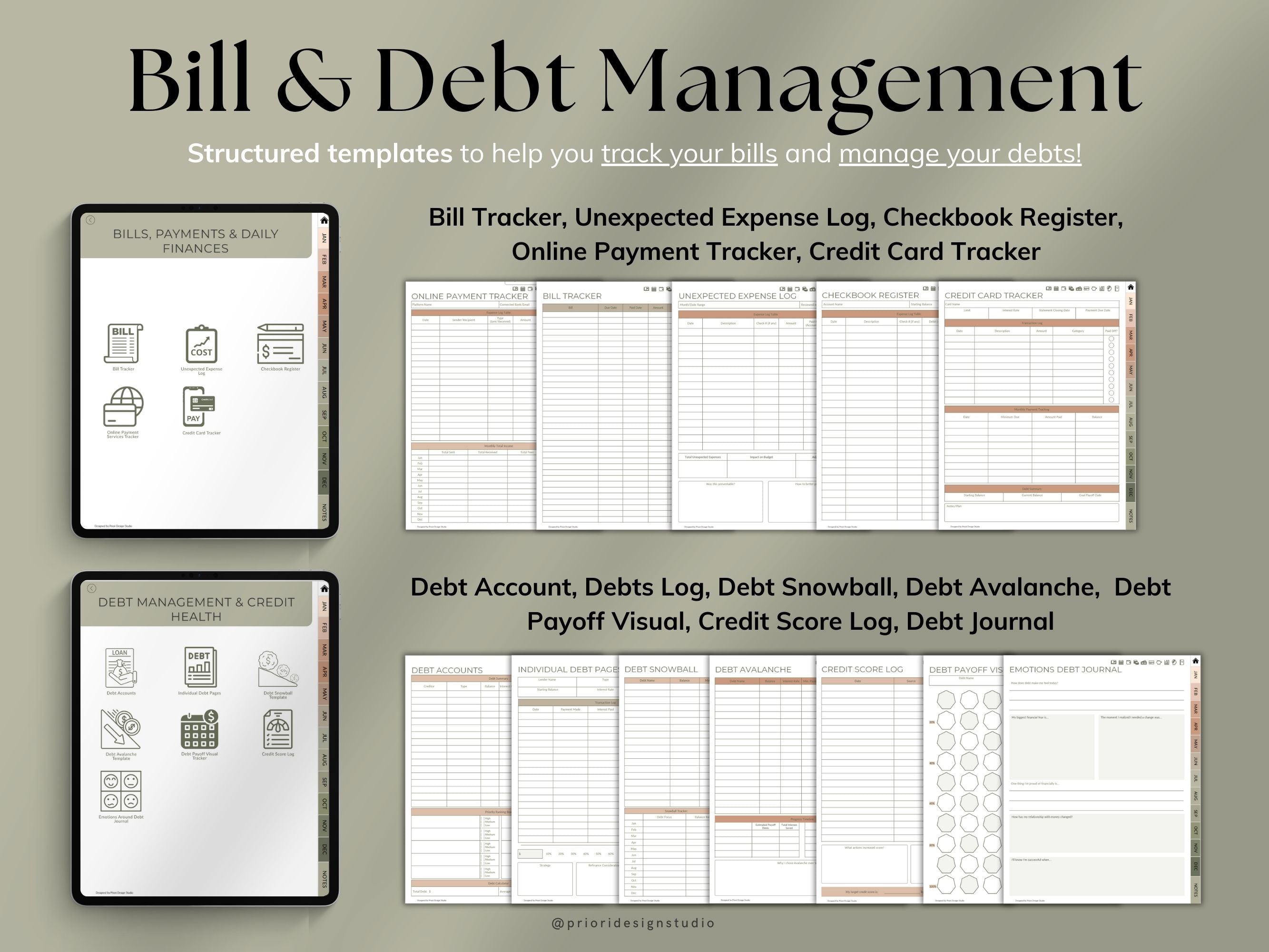 Bill and debt management templates on a digital device screen with a beige background.