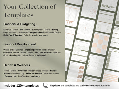 Collection of templates for financial, personal development, and health & wellness with a focus on customization.