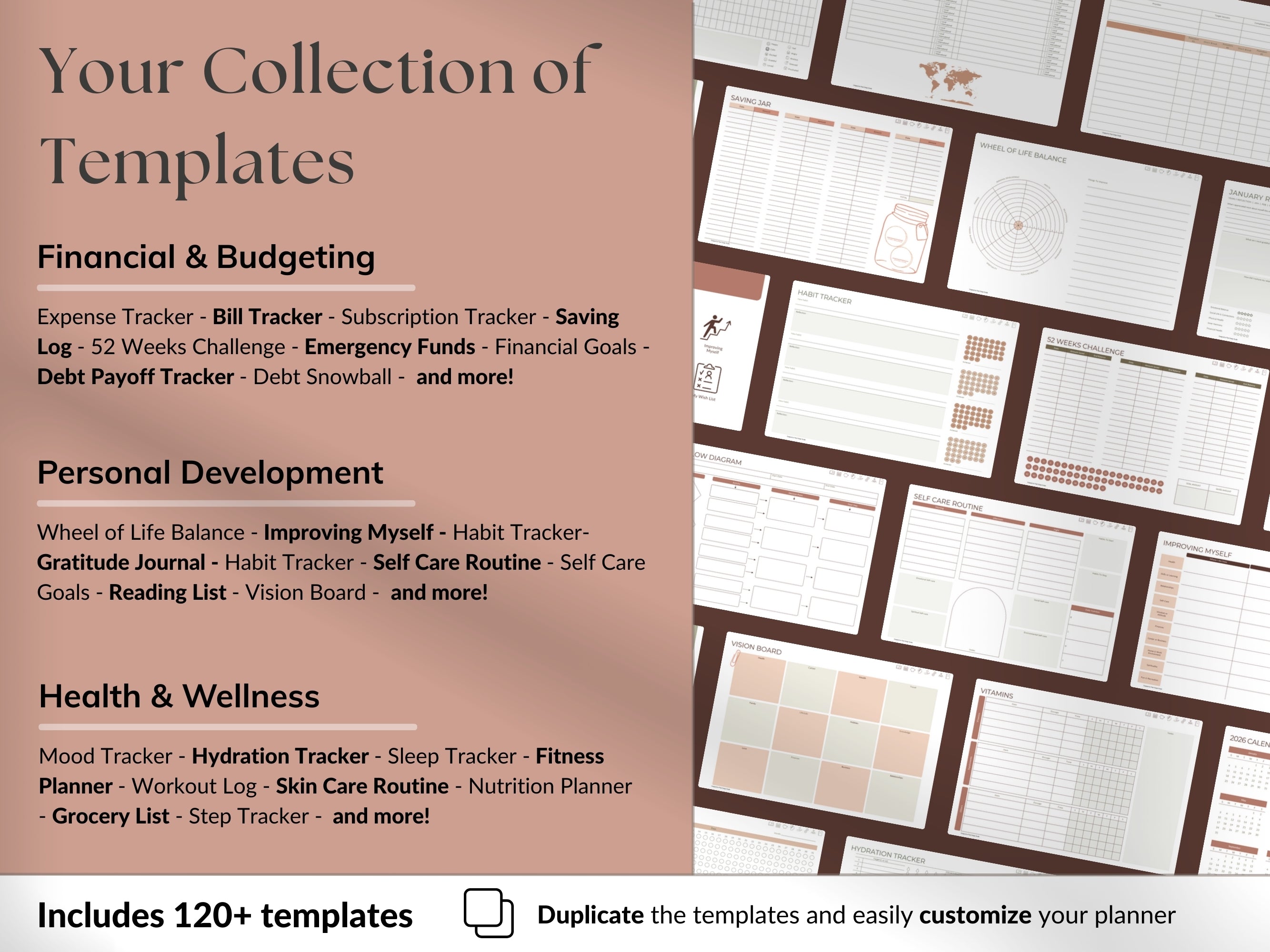 Collection of templates for financial, personal development, and health & wellness with a brown background.
