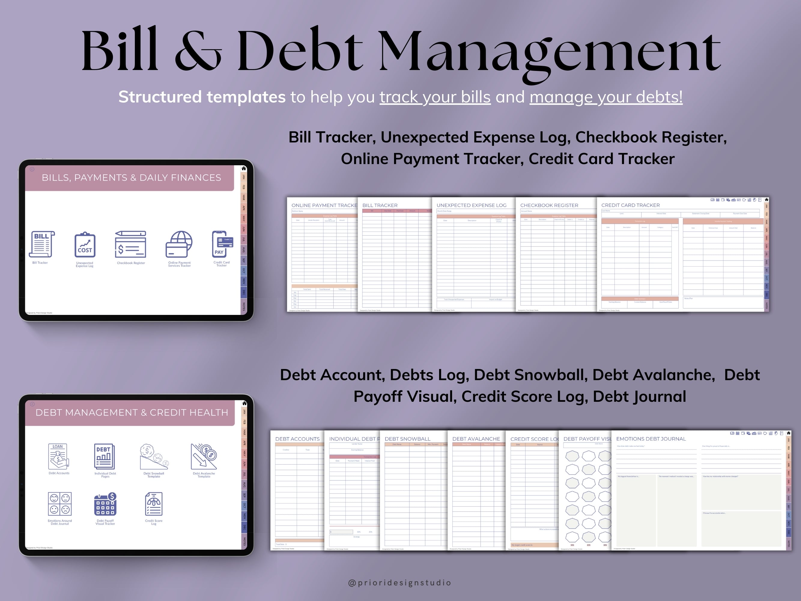 Bill and debt management templates on a gray background