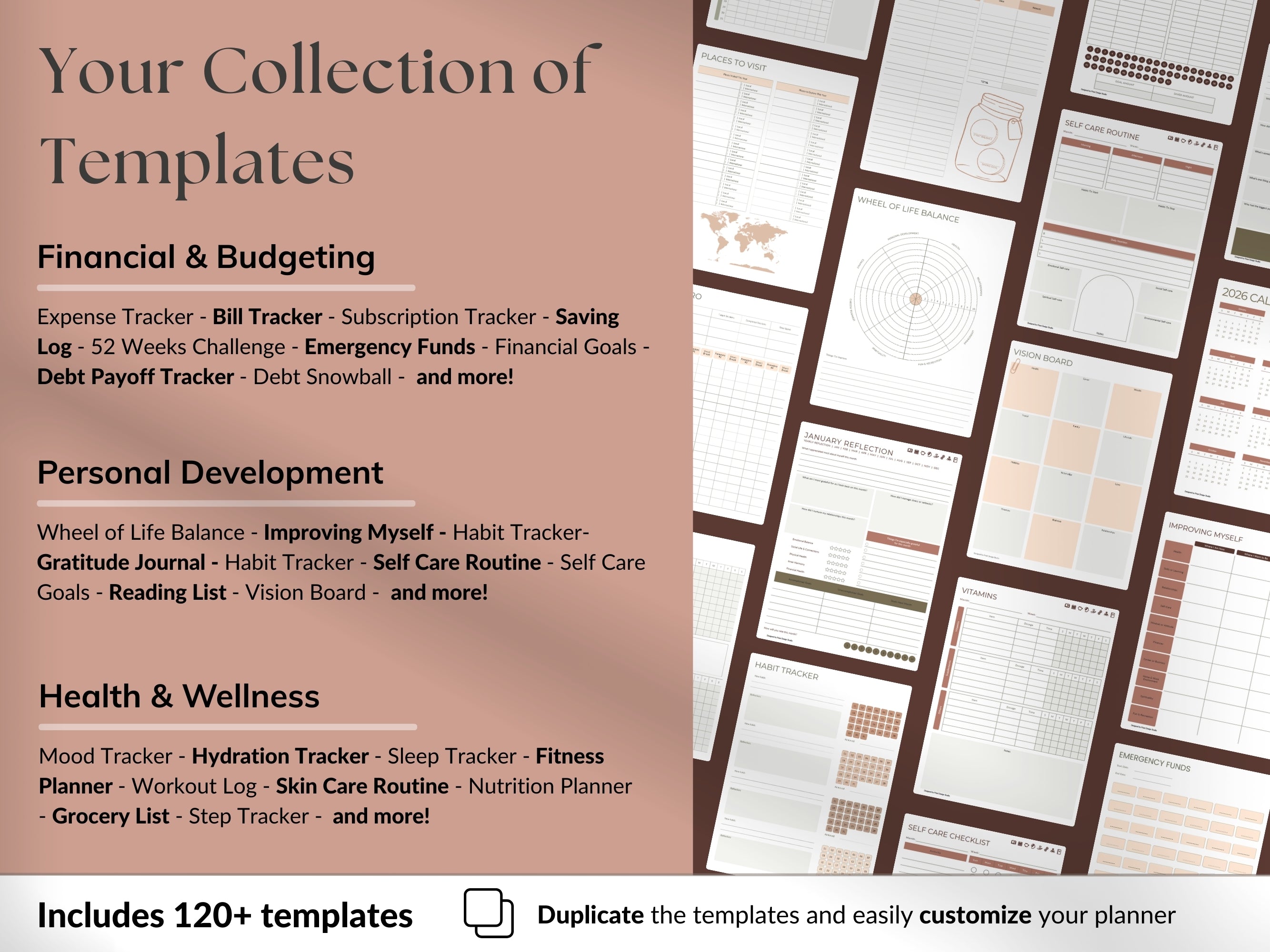 Collection of templates for financial, personal development, and health & wellness for Sepia Rose variant.