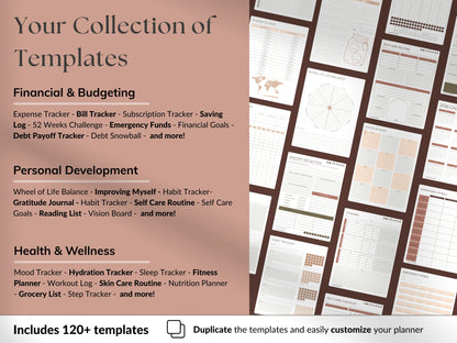 Collection of templates for financial, personal development, and health & wellness for Sepia Rose variant.